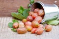 A scattering of ripe gooseberry berries on a wooden table. Berry harvesting concept Royalty Free Stock Photo