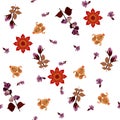 A scattering of small lilac flowers, rosebuds, sprigs of dolichos lablab, bright red mandalas and multicolored paisley