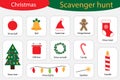 Scavenger hunt, christmas at home, different colorful pictures for children, fun education search game for kids