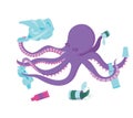 Scavenger octopus. The concept of pollution of the ocean and the environment with waste and plastic.