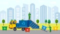 Scavengers bunkering trash in dustbin on truck in urban service character sorting vector scavenging cartoon illustration