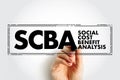 SCBA Social Cost Benefit Analysis - technique used for determining the value of money, specifically public investments, acronym