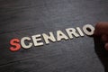 Scenario, text words typography written with wooden letter on black background, life and business motivational inspirational