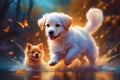 A scene of adorable puppies joyfully frolicking in the water in autumn season