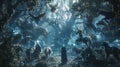 A scene of an alchemists workshop in a deep forest surrounded by an array of mystical creatures such as unicorns