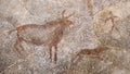 The scene of an ancient hunt on a cave wall, made with ocher.