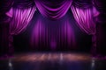 scene background, violet curtain on stage of theater or cinema slightly ajar with wooden floor Royalty Free Stock Photo