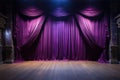 scene background, purple curtain on stage of theater or cinema with wooden floor Royalty Free Stock Photo