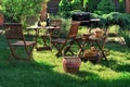 Scene Of Barbecue Grill Party On Lawn In The Backyard Royalty Free Stock Photo