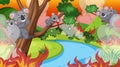 Scene with big wildfire in the forest full of koalas