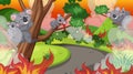 Scene with big wildfire in the forest and many injured koalas