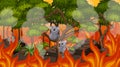Scene with big wildfire and koalas trapped in the forest