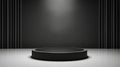 Scene with black color podium for mock up presentation in minimalism style with curtain and spotlight. 3d render. AI Generated Royalty Free Stock Photo