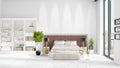 Scene with brand new interior in vogue with white rack and modern bed. 3D rendering. Horizontal arrangement.