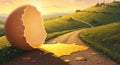Giant cracked egg on a winding rural road at sunset Royalty Free Stock Photo