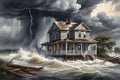 A Scene Capturing a Destroyed House Amidst a Severe Storm: Rushing Floodwaters Surrounding the Remnants