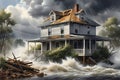 A Scene Capturing a Destroyed House Amidst a Severe Storm: Rushing Floodwaters Surrounding the Remnants