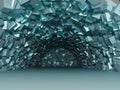 A scene with a cave made of fused metal cubes. 3D render.