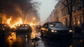 Burning cars in Paris after the rain.