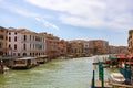 Scene of the city of Venice, Italy, with an array of colorful buildings along the banks of a river