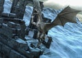 A scene of a close-up dragon in the ruins of a frozen castle.
