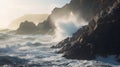 Scene of coastal cliffs with waves crashing against the rocks