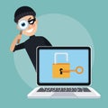 Scene color laptop with padlock key and thief man hacker spying with loupe Royalty Free Stock Photo