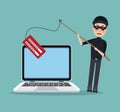 Scene color laptop with thief man hacker with fishing pole holding a server