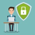 Scene color programmer man in desk with laptop working in security shield padlock