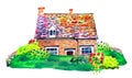 Scene with countryhouse and plants on the lawn. Watercolor old stone Europe house. Hand drawn illustration