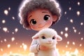 Scene of a cute kid with a little sheep