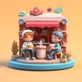 scene 3D clay icon style. boy girl couple cute kids sweet pastel little coffee shop with cake, bakery. Generative Ai.