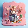 scene 3D clay icon style. business working woman or student girl cute sit on sofa reading a book or papers pink. Generative Ai. Royalty Free Stock Photo