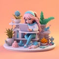 scene 3D clay icon style. working woman or girl cute sit on the chair reading a book and work on tablet. Generative Ai.