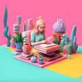 scene 3D clay icon style. working woman or student girl cute sit on chair reading a book or homework. Generative Ai. Royalty Free Stock Photo