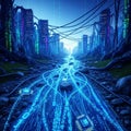 The scene depicts a glowing blue stream of binary code flowing down a Royalty Free Stock Photo