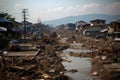 scene of devastation after tsunami, with homes and businesses destroyed and people missing