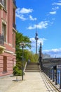 Scene on the edge of the Spree River with a view of the TV Tower in downtown Berlin