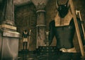 A scene of a fantasy Egyptian temple, and two statues of the God Anubis watching an Ank.