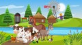Scene with farm animals by the river at the farmyard Royalty Free Stock Photo