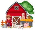 Scene with farmer and farm animals by the red barn Royalty Free Stock Photo