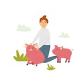 Scene with a farmer girl taking care of piglets. Royalty Free Stock Photo