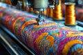 scene features sewing machine diligently stitching vibrant piece of fabric. needle moves smoothly as spools of thread Royalty Free Stock Photo