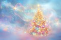 The scene features a vibrant Christmas tree adorned with dazzling lights illuminating a dreamy background, capturing the essence