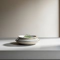 Scene featuring a stack of four white ceramic plates on a smooth, light-colore Royalty Free Stock Photo