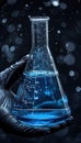 Person in black gloves holds beaker with blue liquid Royalty Free Stock Photo