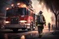 Scene of firefighter and firetruck, AI generative