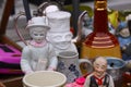 Scene from Flea market where people sell and buy used toys, clothes, pictures, kitchen ware and other vintage things