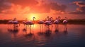 A scene of a flock of flamingos wading in a shallow pond, their pink feathers reflecting the hues of the twilight sky