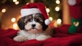 scene with a fluffy Havanese puppy dog wearing a tiny Santa hat, nestled among soft blanket Royalty Free Stock Photo